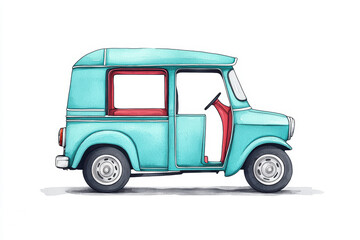 A vintage turquoise van illustrated with a cute design, featuring an open door on a white isolated background.