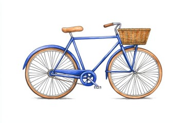 A vintage blue bicycle with a woven basket, set against a white isolated background, showcasing its classic design and elegant features.
