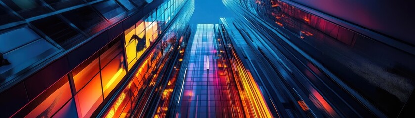 A vibrant perspective of a modern cityscape showcasing colorful lights and tall buildings reflecting urban life and energy.