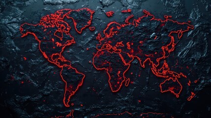 Abstract world map design with red outlines on a dark textured background, ideal for illustrating global themes.