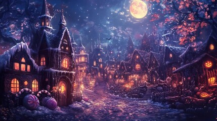 Fototapeta premium A magical snowy village at night, illuminated by pumpkin lights under a full moon. Perfect for Halloween and winter themes.