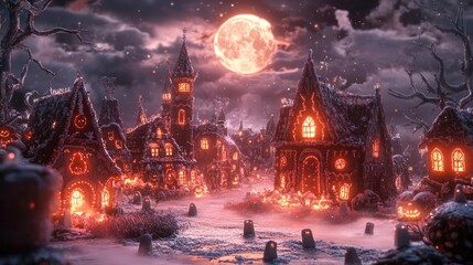 Naklejka premium A spooky Halloween night scene featuring eerie houses, glowing pumpkins, and a bright full moon casting shadows.
