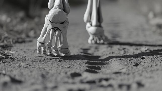 black and white close-up image of skeleton legs walking on sand