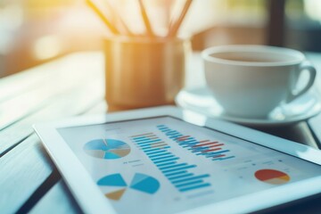 Digital Tablet Displaying Colorful Case Study Report with Interactive Graphs and Summary with Copy Space