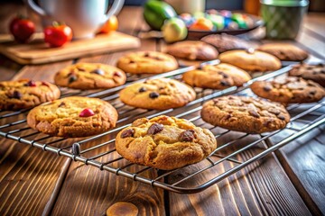Freshly Baked Cookies Cooling on a Wire Rack in a Modern Kitchen with Rustic Wooden Accents