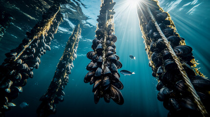 underwater view of mussel farming ropes in clear ocean waters illuminated by sunbeams