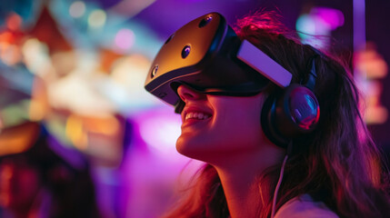 Engaging in an immersive virtual reality experience at an entertainment center during evening hours