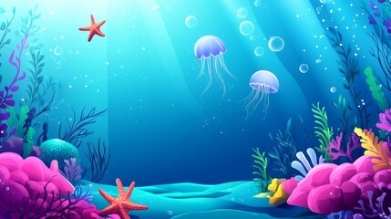 Fototapeta premium Underwater scene with coral reefs, starfish, and jellyfish.