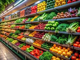 Obraz premium Fresh produce and grocery items neatly arranged on shelves in a well-lit supermarket environment