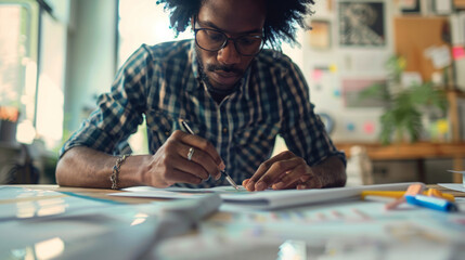 Creative professional working on project at a desk filled with papers and colorful materials during a bright afternoon