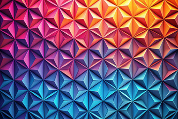 Vibrant geometric pattern featuring 3D design with radiant hues transitioning from warm to cool colors, creating visually striking effect