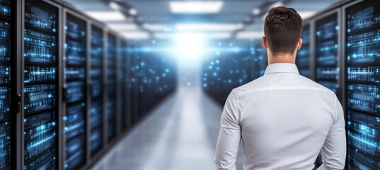 Fototapeta premium Navigating the Future: A Businessman in the Data Center