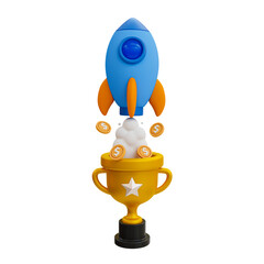 3D illustration of a rocket launching from a golden trophy with flying coins, symbolizing success, achievement, and financial growth.