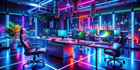 Futuristic Cyber Workspace with Digital Elements and Abstract Background for Technology Themes