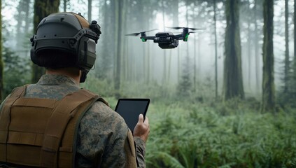 Fototapeta premium Soldier Operating Drone with iPad in a Misty Forest Landscape