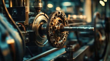 The machinery operates efficiently, showcasing detailed gears and components that highlight the complexity of modern manufacturing processes in a bustling environment