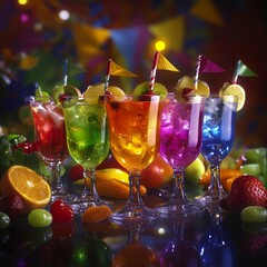 Colorful Party Cocktails with Fresh Fruits and Festive Flags