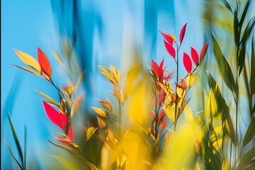 Colorful Abstract Foliage Blurred Against a Bright Blue Sky