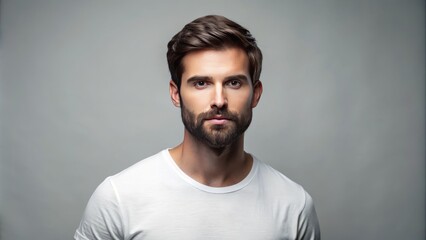 Obraz premium This portrait features a young, bearded man in a white t-shirt, confidently displaying his charm against a subtle