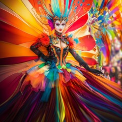 Extravagant Carnival Costume with Vibrant Rainbow Colors and Feathers