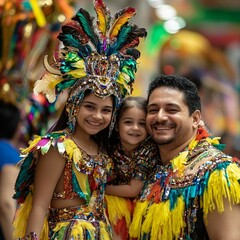 Smiling Family in Colorful Feathered Costumes at Carnival Parade