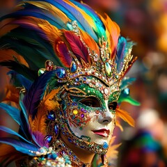 Vibrant Carnival Mask with Colorful Feathers and Jewels