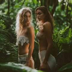 Two Women in Tropical Jungle Setting with Bohemian Style
