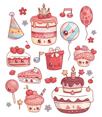 Holiday sweet food set. Isolated kawaii cartoon character food. Festive birthday cake with candles and strawberries, cupcakes, birthday cap and balloon, lollipop and gift. Vector illustration