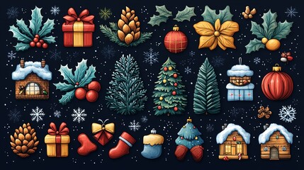 Naklejka premium Festive Gold and Red Christmas Elements: A Glorious Collection of Flowers, Gifts, Snowflakes, and More for Holiday Magic