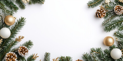 A festive border with pine branches adorned with golden ornaments and pinecones, framing a central blank space, conveying a joyful and seasonal celebration.