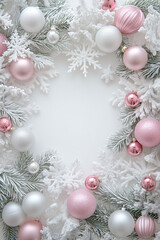 An enchanting display of white and pink ornaments interspersed with lush evergreen branches and snowflake accents creates a whimsical holiday ambiance.