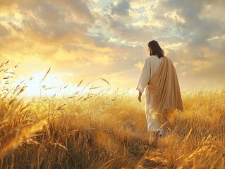 Jesus Walking Through a Golden Field at Sunset