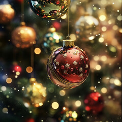Beautiful, intricate baubles glisten on a Christmas tree, surrounded by soft, warm lights, evoking feelings of nostalgia and the enchanting holiday season.