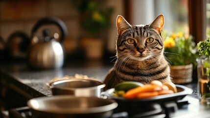 Obraz premium Curious tabby cat sitting on a kitchen counter with vegetables