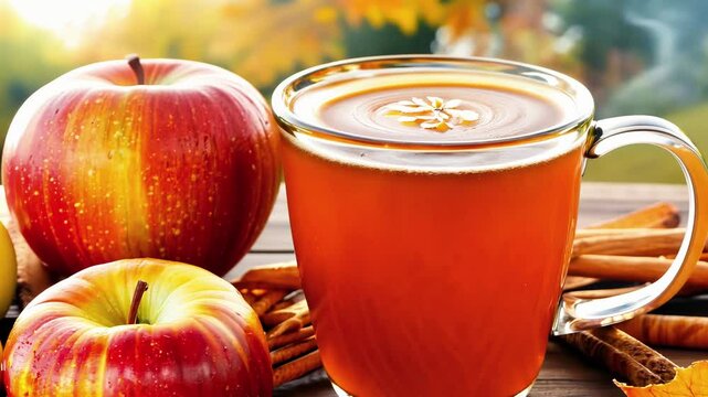 Autumn apple cider in glass mug with fresh apples and cinnamon sticks