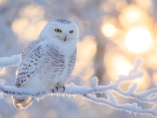 White owl perching on frost covered branch with pale wintry sun in background
