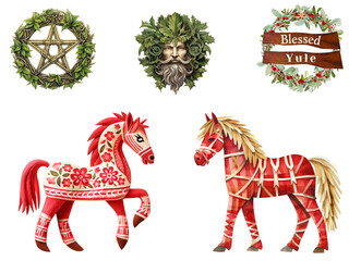 Set of 6 Yule illustrations Yule Scandinavian Dala Horses Yule Wreaths Green Man 