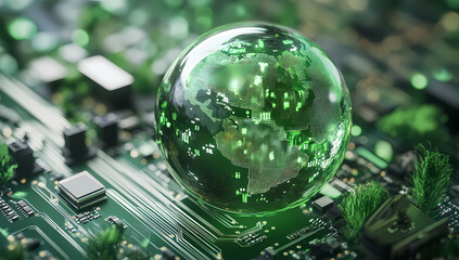 Green Globe Representing Earth on Circuit Board with Nature Integration
