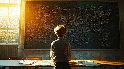 Student Contemplating Complex Math Equations at Blackboard