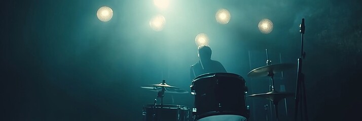 Silhouette of a Drummer Performing on Stage Under Blue Stage Lights, Creating a Moody Atmosphere