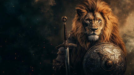 lion warrior with sword and shield. fantasy art