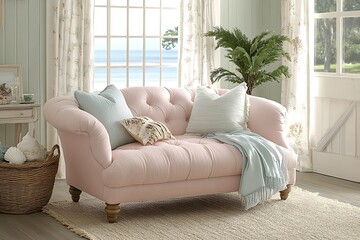 Cozy pink sofa with decorative pillows in a bright room.