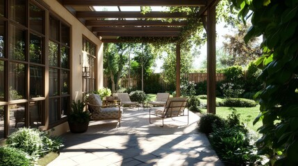 Green garden patio space with a wooden pergola, comfortable chairs, clear windows, and natural light creating a cozy outdoor environment