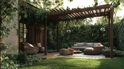 Green garden patio space with a wooden pergola, comfortable seating, and clear windows, perfect for a cozy, nature-inspired outdoor retreat