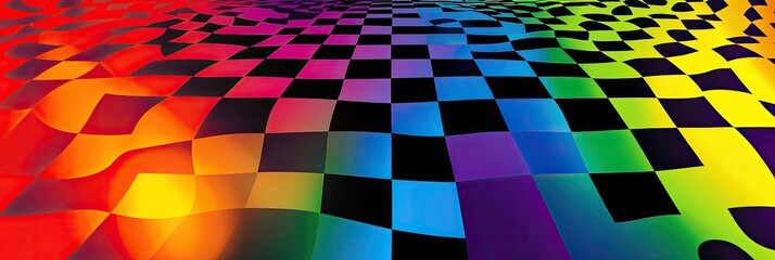 A checkered pattern with alternating rainbow squares and black, forming a unique contrast