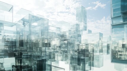 A floating cityscape of glass structures, the sunlight bouncing off the transparent buildings, casting ethereal reflections into the sky.