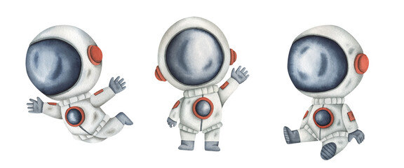 Space watercolor hand-drawn set of illustrations with little astronauts -  stands and waves hand, sits, flies in zero gravity. Cute cartoon elements for kids © Nellya Egorova