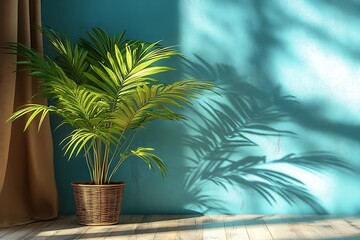 Obraz premium Lush plant casting shadows on a vibrant blue wall.