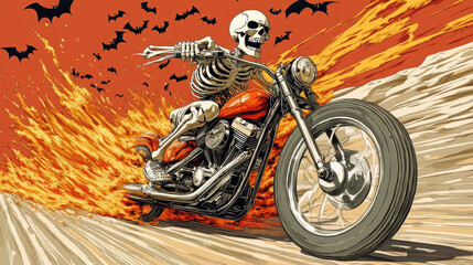 A skeleton speeds on a motorcycle amidst flames and silhouettes of bats against an intense orange sky in a spooky, adventurous setting