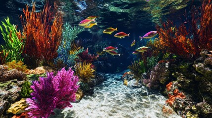 Fototapeta premium Vibrant underwater scene with colorful coral reef and fish.